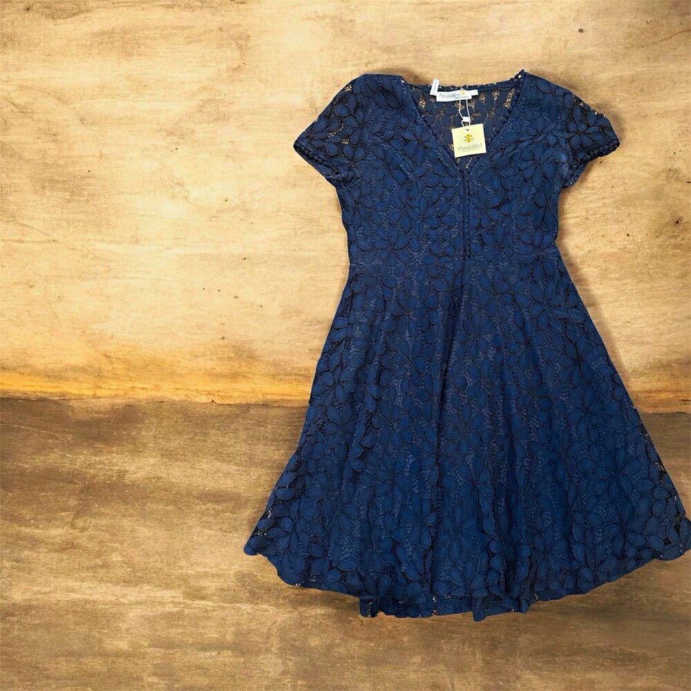 Available by Angela Fashion Navy Floral Lace V-Neck A-Line Knee Dress S